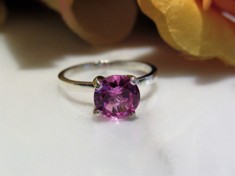 Beautiful!Lab Created Pink Sapphire Solitaire Sterling Silver Ring Promise Engagement Christmas Valentine,Birthday 2.0 Carat~8mm
