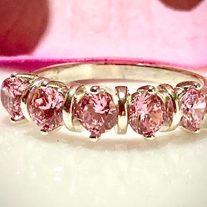 Brilliant Pink Simulated Diamonds Cubic Zirconia (4mm/1.25 T.C.W.) Five Stone Wedding Band Sterling Silver Ring, Gift for her, Promise Ring