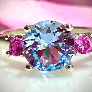 Aqua Blue Spinel 8mm 2 carat and Pink Sapphire 3mm/2.30 TCW Three Stone Engagement Ring, Promise ring, Anniversary Ring