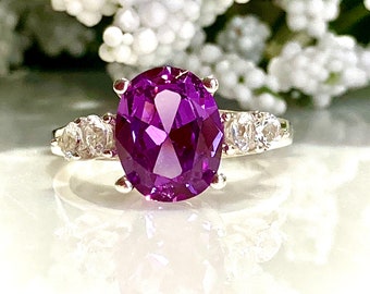 Lab Alexandrite (10X8mm approx. 3.60 ct.) White Sapphires Accents Engagement Ring, Promise ring, Anniversary Ring, Valentine's Gift