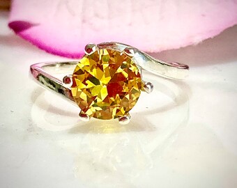 Brilliant Lab Yellow Sapphire 2 Carat (8mm) Solitaire Bypass Sterling Silver Ring, Engagement Ring, Promise Ring, Anniversary