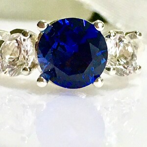 Lab Created Blue (2 ct.8mm) & White Sapphires (5mm)Three Stone Ring, Engagement, Promise ring, Anniversary Ring, Gift for her, Holidays Gift