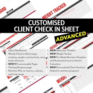 Może przedstawiać: Dostosowywany arkusz kontrolny klienta w kolorze czerwonym i czarnym, przeznaczony do programów fitness i żywieniowych. Arkusz zawiera sekcje do śledzenia wagi, poziomu aktywności, poziomu stresu i nie tylko. Zawiera również plan żywieniowy z makroelementami, kaloriami i notatkami. Arkusz jest oznaczony jako „Zaawansowany” i zawiera tekst „NOWE 11 dostosowywanych stron”.