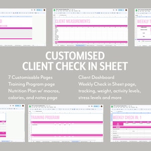 May include: A digital document with a gray background, featuring pink and white spreadsheets. The text reads "CUSTOMISED CLIENT CHECK IN SHEET" and lists features like a training program and nutrition plan. The document includes client measurement and weekly check-in pages.
