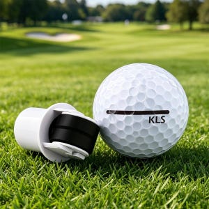 Peut inclure: Une balle de golf blanche avec une ligne horizontale noire et les lettres KLS imprimées sur la surface, placée à côté d'un outil d'alignement de balle de golf en plastique blanc doté d'un mécanisme à rouleau noir pour tracer des lignes.
