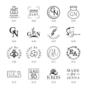 Könnte beinhalten: Eine Sammlung von Schwarz-Weiß-Logos für Töpferei- und Keramikunternehmen. Die Logos zeigen verschiedene Designs, darunter Vasen, botanische Elemente und Texte wie "Jenna Clay" und "Pottery by Jenna".