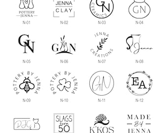 May include: A collection of sixteen black and white logo designs arranged in a grid, featuring various icons like pottery, bees, clovers, and cats, alongside text such as Jenna Clay, GN Ceramics, Pottery by Jenna, and Made by Jenna, labelled N-01 to N-16.