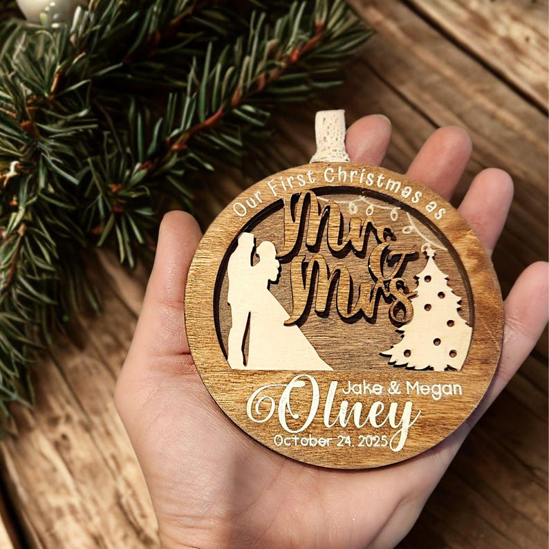 First Christmas Married Ornament Mr and Mrs Engraved Wood Ornament Newlywed Gift Custom Wedding Keepsake Personalized Christmas Decoration25 image 7