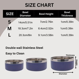 May include: A size chart for double wall stainless steel bowls, showing three blue bowls of varying sizes. The chart lists dimensions in centimetres and inches for small, medium, and large bowls, including diameter, height, and thickness measurements.