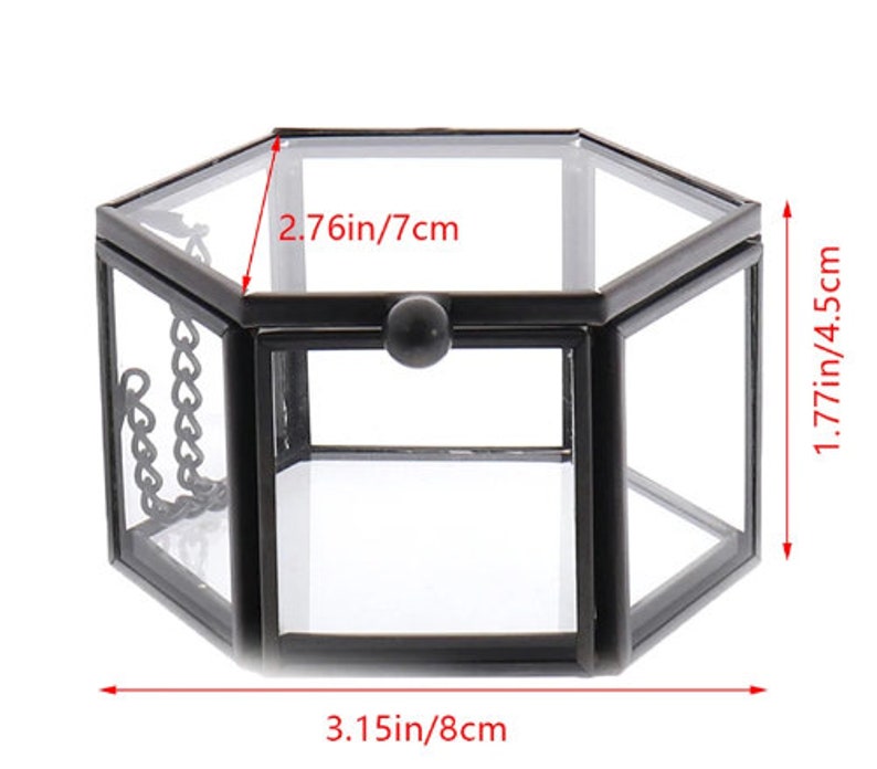 K&ouml;nnte beinhalten: Eine sechseckige Glas-Displaybox mit schwarzem Metallrahmen, Klappdeckel und kleinem Metallknopf. Die Box misst 8 cm in der Breite, 4,5 cm in der H&ouml;he und 7 cm in der Tiefe und verf&uuml;gt &uuml;ber eine kleine Kette an der Seite zur Deckelst&uuml;tze.