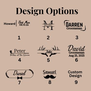 May include: A beige graphic featuring the words "Design Options" in black. The image presents nine design choices, each with a name and a distinct font style, ideal for custom gifts or event favours.