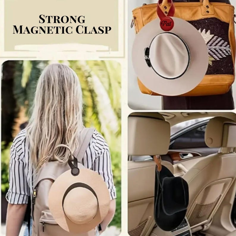 Peut inclure: Un porte-chapeau avec un fermoir magn&eacute;tique solide. Le porte-chapeau est pr&eacute;sent&eacute; attach&eacute; &agrave; un sac &agrave; dos, un sac &agrave; main et un appuie-t&ecirc;te de voiture. Le porte-chapeau est en tissu noir et poss&egrave;de une sangle en cuir marron.