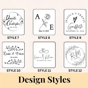 May include: Six square white tiles featuring black line art designs labeled Style 7 through Style 12. Each tile displays custom names, dates, and botanical or heart motifs. The bottom of the image features the bold black text Design Styles.