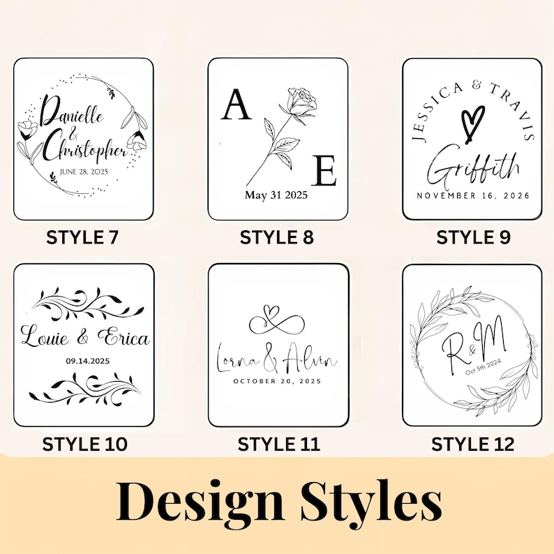 May include: Six square white tiles featuring black line art designs labeled Style 7 through Style 12. Each tile displays custom names, dates, and botanical or heart motifs. The bottom of the image features the bold black text Design Styles.
