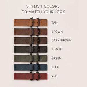 Pu&ograve; includere: Sette cinturini per orologio disposti verticalmente, ognuno dotato di una fibbia nera e due passanti. I colori sono etichettati come tan, brown, dark brown, black, green, blue e red. Il testo in alto recita STYLISH COLORS TO MATCH YOUR LOOK.