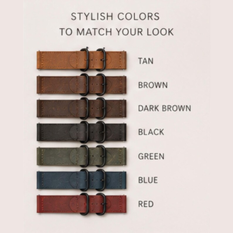 Pu&ograve; includere: Sette cinturini per orologio disposti verticalmente, ognuno dotato di una fibbia nera e due passanti. I colori sono etichettati come tan, brown, dark brown, black, green, blue e red. Il testo in alto recita STYLISH COLORS TO MATCH YOUR LOOK.