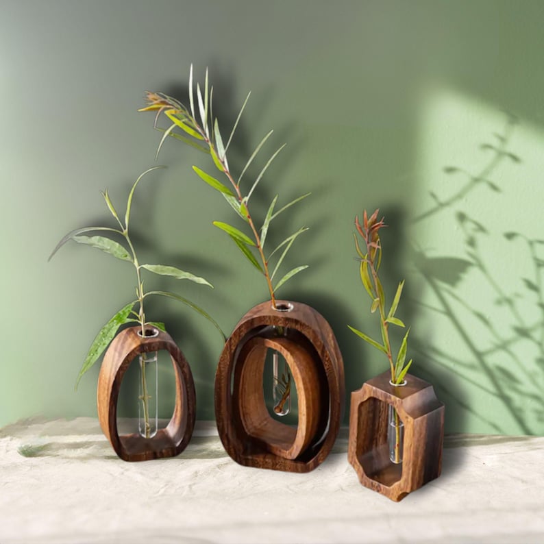 Minimalist wood vase set with test tube, perfect for growing hydroponic plants and fresh flowers.