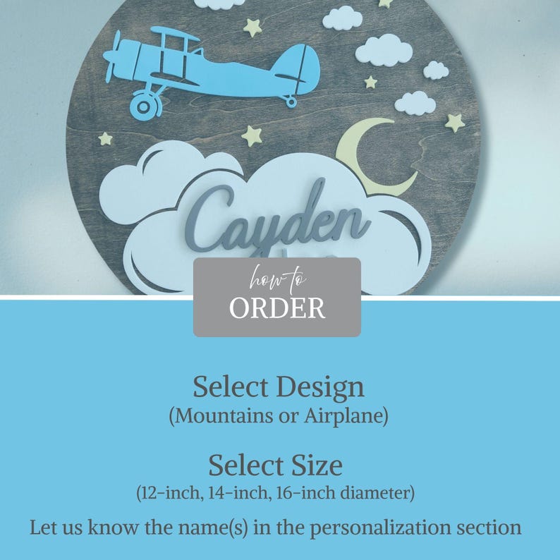 May include: A wooden wall hanging featuring a light blue airplane, clouds, stars, and a crescent moon. The name "Cayden" is displayed in a cursive font. The text "how to ORDER" is also visible. The sign is available in 12, 14, and 16-inch diameters.
