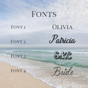 Peut inclure: Un graphique montrant quatre polices diff&eacute;rentes avec le texte "FONTS" en haut. Les polices sont &eacute;tiquet&eacute;es "FONT 1", "FONT 2", "FONT 3" et "FONT 4". Les noms "Olivia", "Patricia", "S&C" et "Bride" sont affich&eacute;s dans les polices respectives.