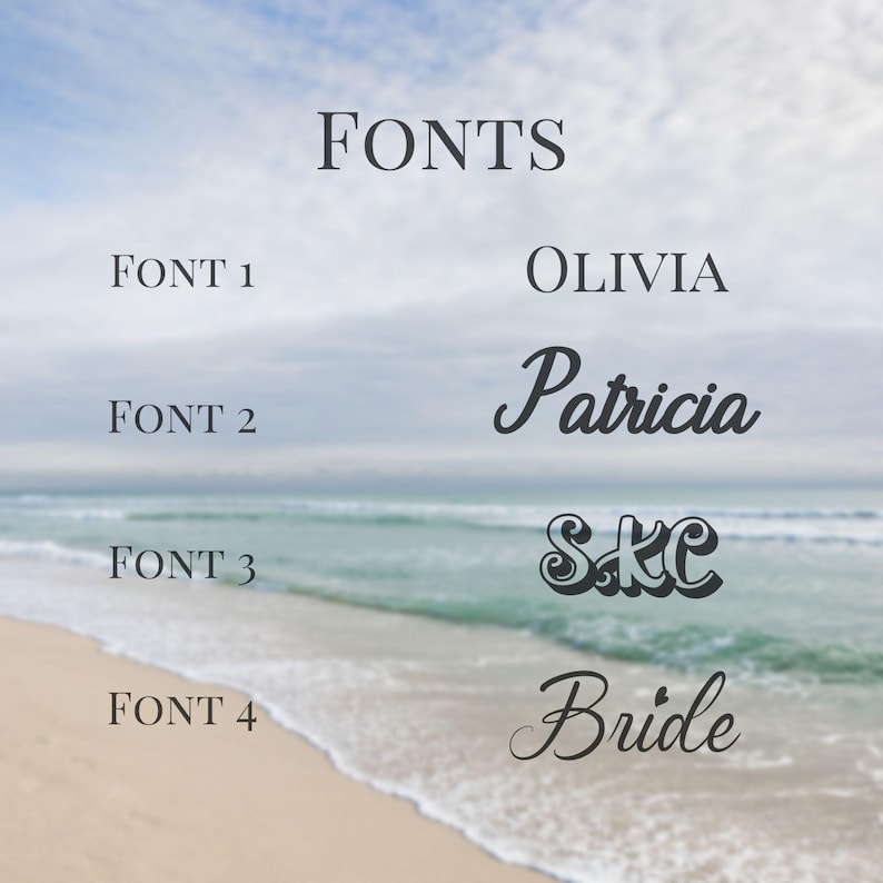 Peut inclure: Un graphique montrant quatre polices diff&eacute;rentes avec le texte "FONTS" en haut. Les polices sont &eacute;tiquet&eacute;es "FONT 1", "FONT 2", "FONT 3" et "FONT 4". Les noms "Olivia", "Patricia", "S&C" et "Bride" sont affich&eacute;s dans les polices respectives.