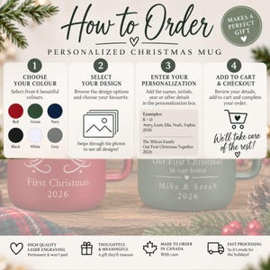 May include: An instructional graphic for a personalized Christmas mug featuring four steps: choose color, select design, enter personalization, and checkout. Two mugs are shown, one red and one green, with laser-engraved text and dates.