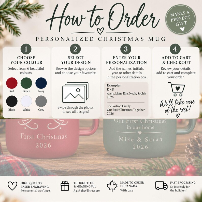 May include: An instructional graphic for a personalized Christmas mug featuring four steps: choose color, select design, enter personalization, and checkout. Two mugs are shown, one red and one green, with laser-engraved text and dates.