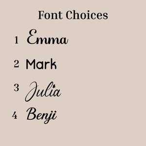 Puede incluir: Un fondo beige muestra el texto "Font Choices" en negro. Debajo, cuatro opciones de fuente numeradas y nombradas: Emma, Mark, Julia y Benji, cada una en un estilo diferente, para tipograf&iacute;a.
