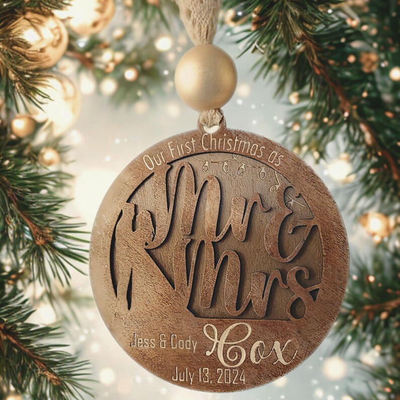 First Christmas Married Ornament Mr and Mrs Engraved Wood Ornament Newlywed Gift Custom Wedding Keepsake Personalized Christmas Decoration25 Style A