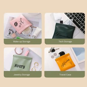 May include: Four small zippered pouches with personalised names. The pouches are pink, green, green, and yellow. The pouches are labelled "Ava", "Samantha", "Avery", and "Marley". The pouches are shown on different backgrounds with items that suggest their intended use: make-up storage, tech storage, jewellery storage, and travel case.