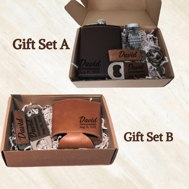 May include: Two gift sets in cardboard boxes. Gift Set A includes a brown leather flask, a small jar, a bottle opener, a keychain, and a leather tag. Gift Set B includes a bottle opener, a leather can cooler, and a leather tag. Each item is engraved with the name "David" and the date "Aug 25, 2025".