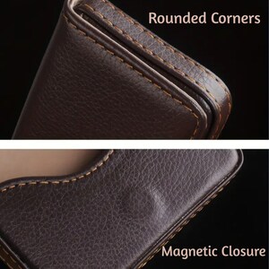 May include: Close-up of a brown leather wallet with rounded corners and a magnetic closure. The stitching is a contrasting light brown color. The text "Rounded Corners" and "Magnetic Closure" are visible.