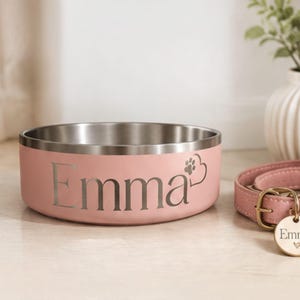 May include: A light pink stainless steel pet bowl featuring the name Emma engraved in a serif font with a small paw print and heart icon. Beside the bowl sits a matching pink leather collar with a round gold metal tag engraved with the name Emma.