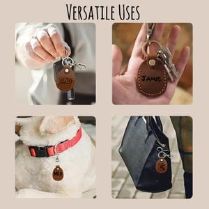 Pu&ograve; includere: Un collage che mostra portachiavi in pelle marrone con testo personalizzato. I portachiavi sono attaccati a chiavi, un collare per cani e una borsa. Il testo sui portachiavi recita "DAD", "JAMIE", "MILO" e "Mom". L'immagine include il testo "VERSATILE USES".