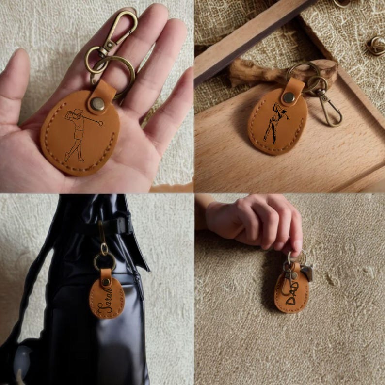 Pu&ograve; includere: Un portachiavi in pelle marrone con un design a tema golf. Il portachiavi ovale presenta una grafica di un golfista e un fermaglio in metallo. Il portachiavi &egrave; mostrato in diverse ambientazioni, tra cui attaccato a una borsa e tenuto in mano.