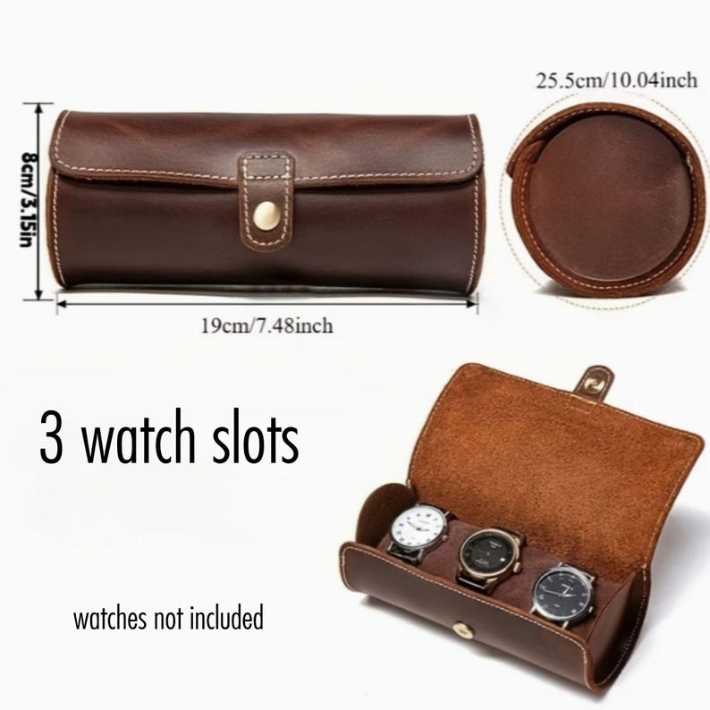 May include: A brown leather watch case with three slots, measuring 19cm long, 8cm high, and 25.5cm in diameter. The case has a button closure and white stitching. The text "3 watch slots" and "watches not included" are visible.