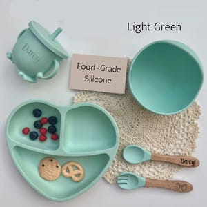 Personalized Baby Feeding Set for Toddler Fist Birthday Gift for Baby Shower Eco-Friendly Weaning Set Light Green