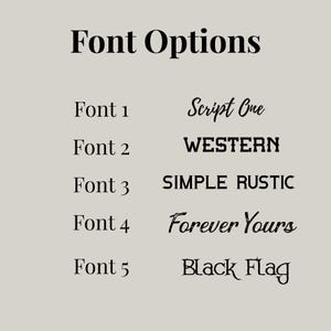 May include: Five different font options for text customization. The options are: Font 1, Font 2, Font 3, Font 4, and Font 5. Each font is displayed with a sample text phrase.