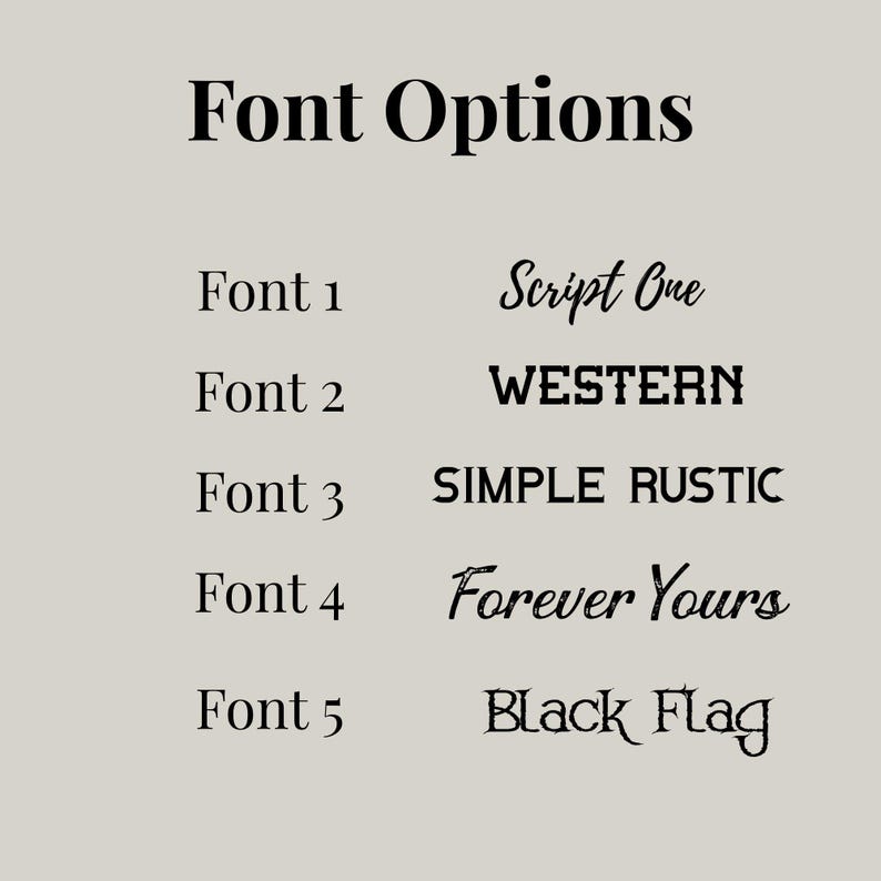 May include: Five different font options for text customization. The options are: Font 1, Font 2, Font 3, Font 4, and Font 5. Each font is displayed with a sample text phrase.