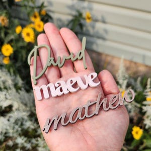 May include: Three custom name cutouts in cursive script. The top name is David in matte olive green, the middle name is maeve in matte light pink, and the bottom name is mathew in a textured, dark metallic bronze finish, all stacked vertically.