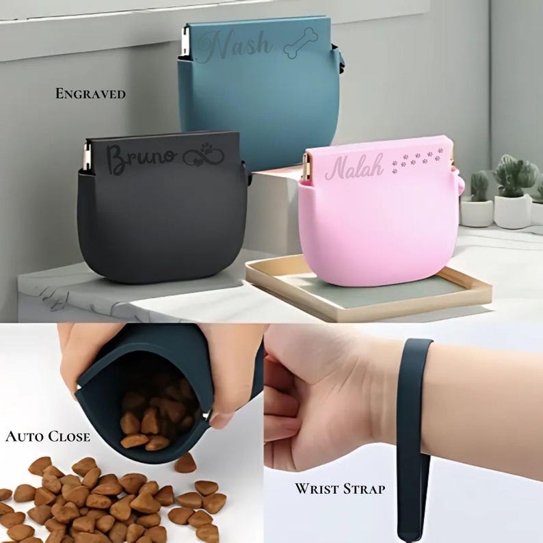 Silicone dog treat pouch with a wide opening, strong snap closure, and built-in wrist strap. Perfect for pet owners who need quick access to treats while walking, hiking, or during obedience training.