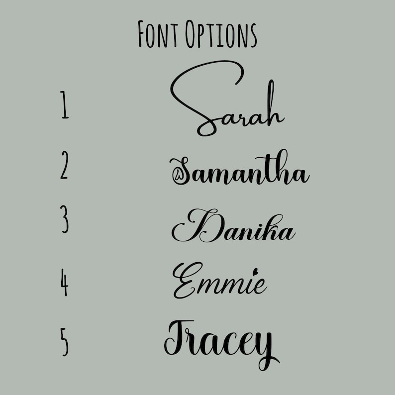 Op de afbeelding: Op een lichtgrijze achtergrond staat de tekst "FONT OPTIONS" in een schreefloze lettertype. Daaronder staan vijf namen in een cursief lettertype: Sarah, Samantha, Danika, Emmie en Tracey, elk genummerd van 1 tot 5.