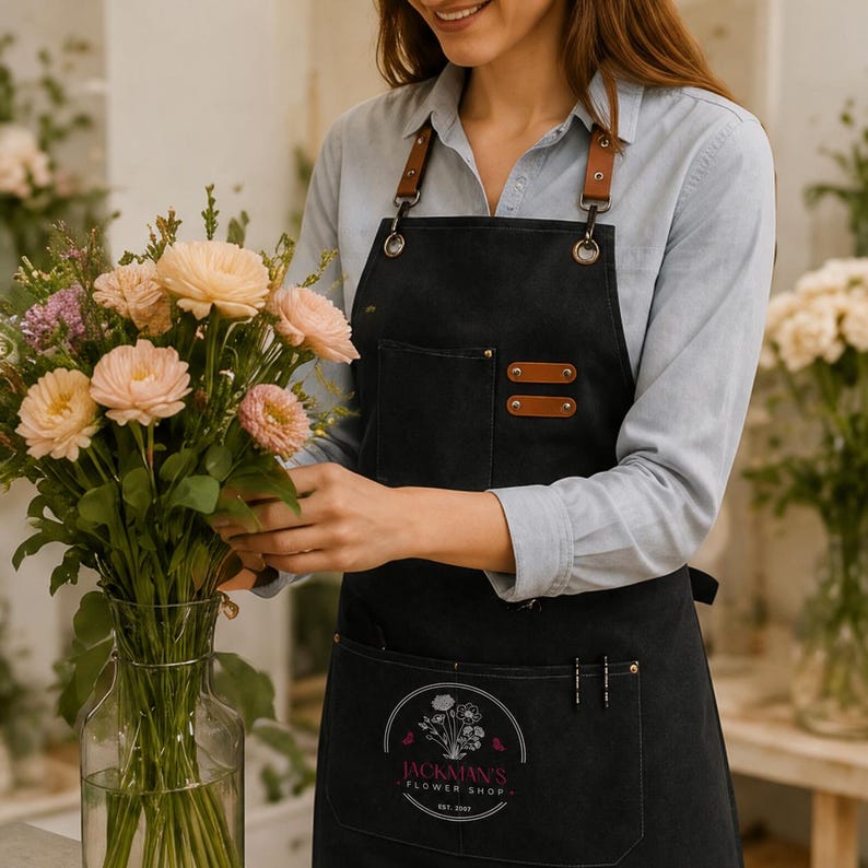 May include: A black apron featuring brown leather straps with metal hardware, a chest pocket, and two lower pockets. The lower pocket displays a circular logo with a floral illustration and the text JACKMAN'S FLOWER SHOP EST. 2007.