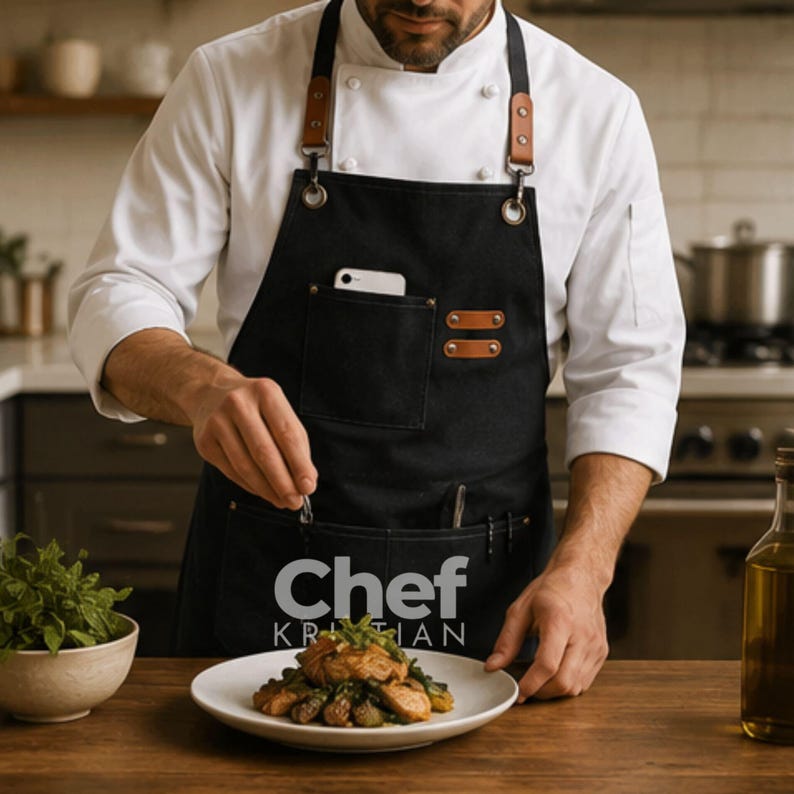 May include: A black canvas apron featuring brown leather straps with metal hardware, a chest pocket containing a white smartphone, and a lower pocket with the white text Chef KRISTIAN printed on the front, worn over a white chef coat.