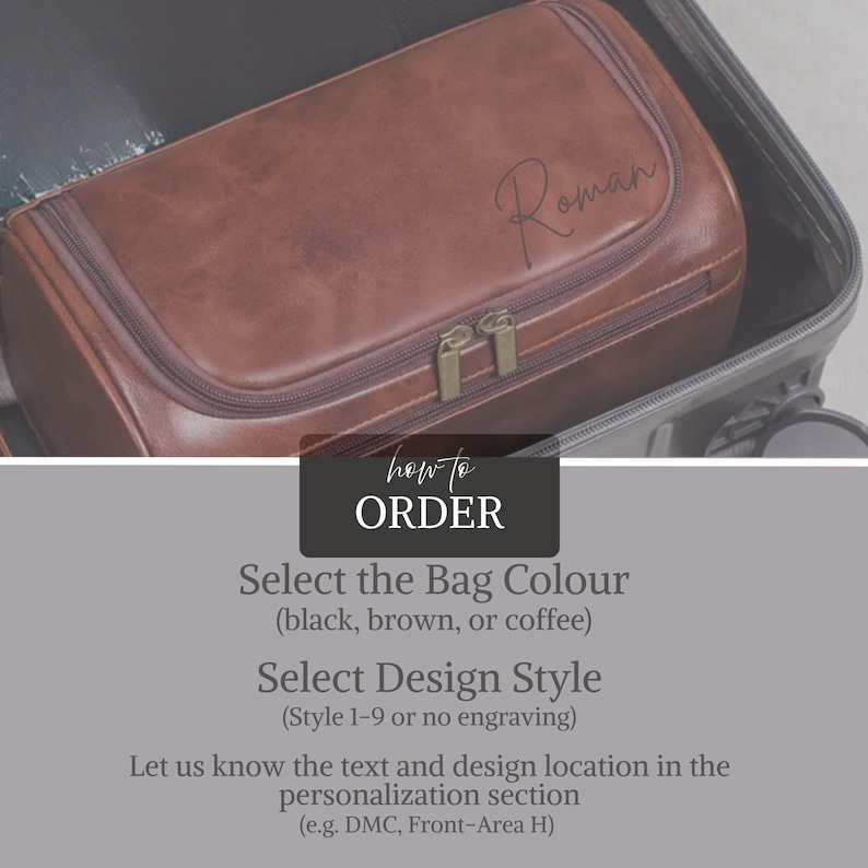 May include: A brown leather wash bag with a curved top and two zippers. The bag is personalised with the name "Roman" in script. The image includes instructions on how to order the bag.