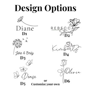 K&ouml;nnte beinhalten: Sechs verschiedene Designoptionen f&uuml;r ein personalisiertes Monogramm mit einem floralen oder Schmetterlingsmotiv. Die Designs beinhalten einen L&ouml;wenzahn, eine Rose, einen Schmetterling und ein schlichtes Blumenmotiv. Der Text im Bild lautet "Design Options", "Diane", "D1", "REBECCA Stewart", "D2", "Jake & Emily", "D3", "Kimberly", "D4", "Denise", "D5", "Olivia", "D6", "Gestalten Sie Ihr eigenes".