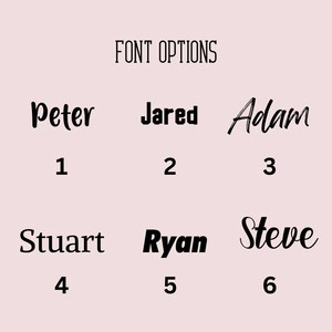 May include: A light pink background with the text "FONT OPTIONS" in a simple font. Below are six names: Peter, Jared, Adam, Stuart, Ryan, and Steve, each in a different font style, numbered 1 through 6.