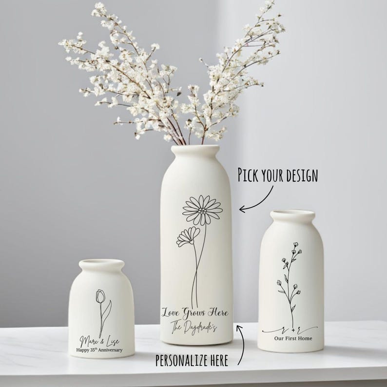 Modern Minimalist Vase Personalized Ceramic Creation Wildflower Line Drawing Custom Text Engraving Multiple Size Options Beautiful Home Decoration Elegant Desk Accessory Unique Display Piece Wedding Gift Idea Anniversary Present Custom