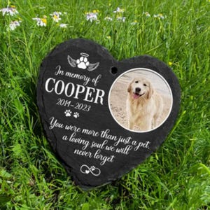 Puede incluir: Memorial de pizarra negro en forma de coraz&oacute;n con una foto de un golden retriever. La pizarra tiene el texto "En memoria de COOPER 2014-2023 Fuiste m&aacute;s que una mascota. Un alma cari&ntilde;osa que nunca olvidaremos."
