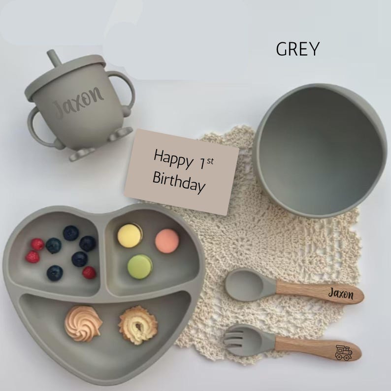 Personalized Baby Feeding Set for Toddler Fist Birthday Gift for Baby Shower Eco-Friendly Weaning Set Grey