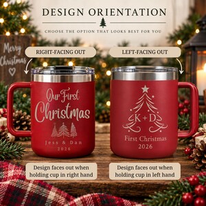 May include: Two red stainless steel mugs with lids, featuring laser-engraved holiday designs. The left mug displays 'Our First Christmas' with names 'Jess & Dan' and '2026'. The right mug shows a tree graphic with 'K + D' and '2026'.